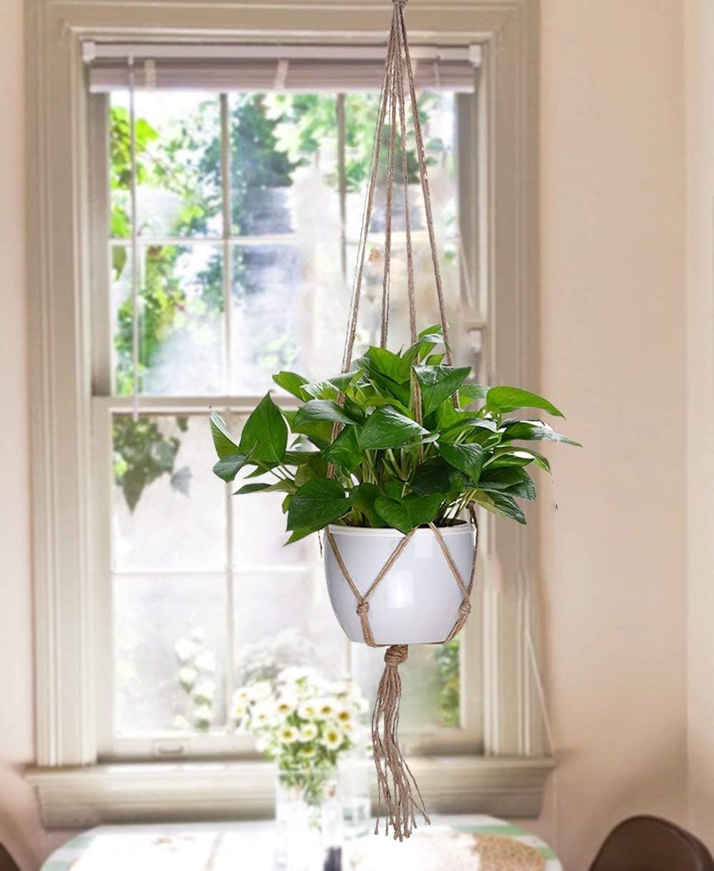 4 Pcs Macrame Plant Hanger Basket Liners with Country Style Natural Jute, Elegant for Home Garden, Patio and Office, Indoor & Outdoor Decoration, ONLY Hanger, NO Plant or Pot (48", 41")