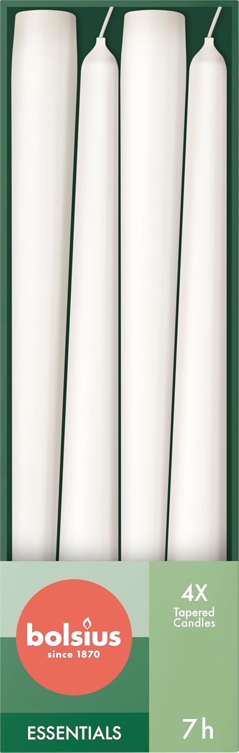 Bolsius Smooth Taper Candles - White - Pack of 32 - Decorative Household Candles - Burning Time 7 Hours - Unscented - Contains Natural Plant Wax - Without Palm Oil - 24.5 cm