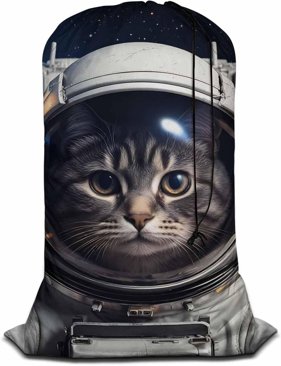 Swono Cat In Outer Space Extra Heavy Duty Laundry Bag, Cute Cartoon Kitten Astronomy Cosmos Dirty Clothes Drawstring Bag with Tear Resistant Fabric, Laundry Liner for Hamper, Space Adventure
