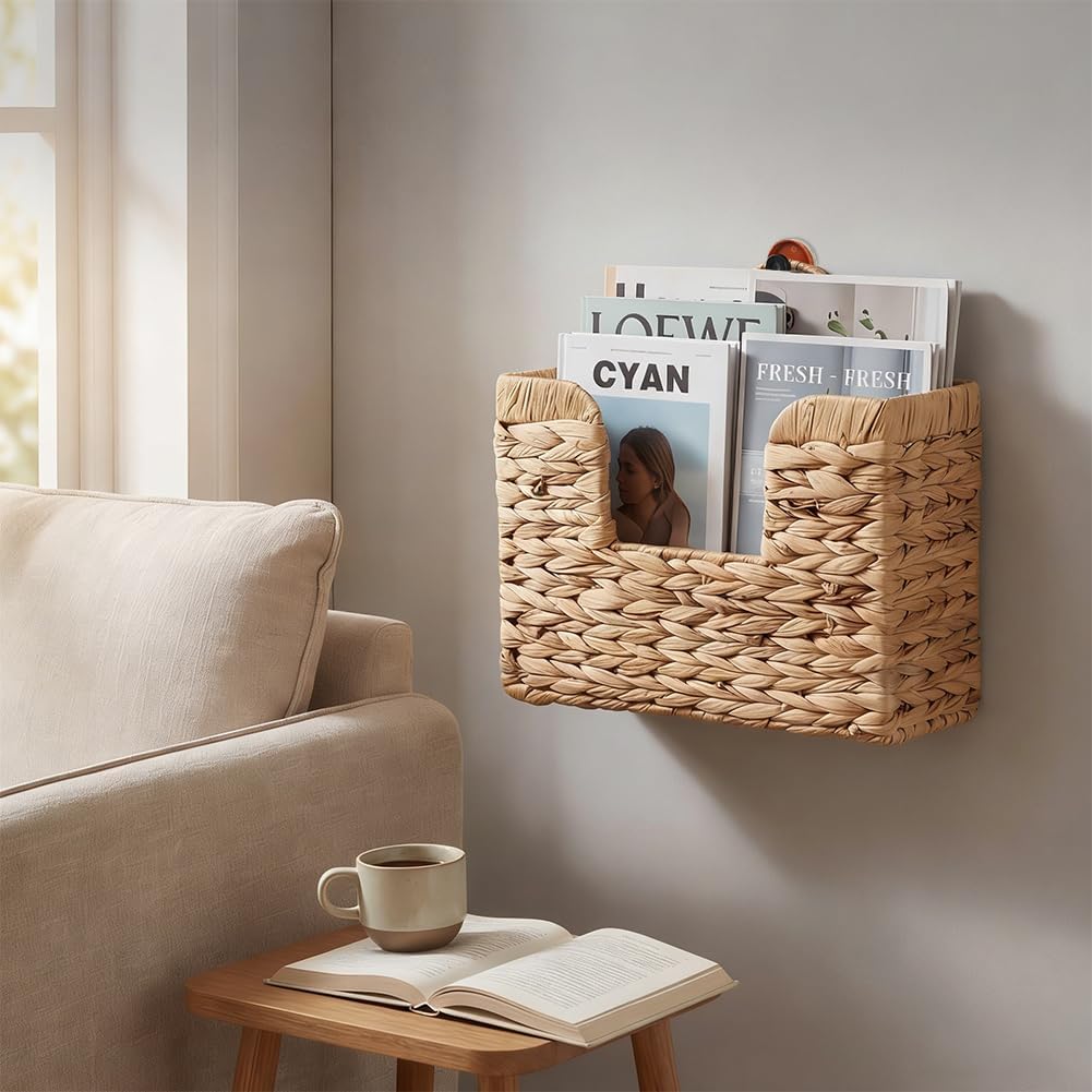 Hanging Magazine Basket, Handwoven Water Hyacinth Wall Magazine Holder with Handle for Books & Files, 11.8x4.3x7.9 Inch Water Hyacinth Farmhouse Storage Rack with Hook for Bathroom, Kitchen, Office