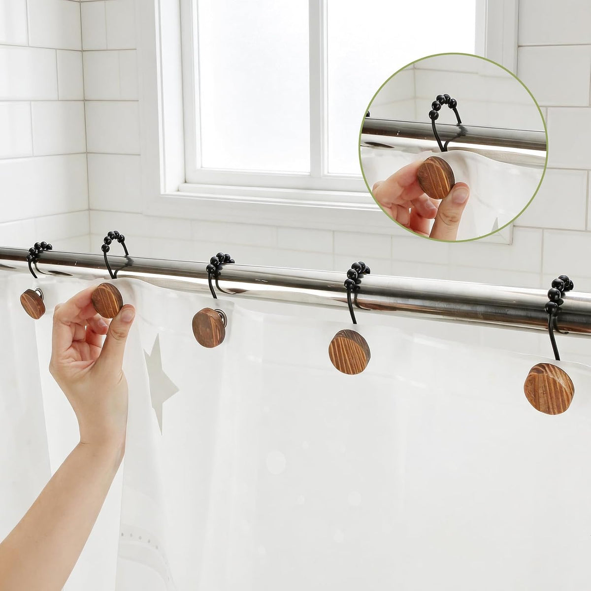 Wood Shower Curtain Hooks,Boho Shower Curtain Rings Decorative,Free Sliding Shower Hooks for Shower Curtain & Liners, Shower Curtain Hangers for Bathroom Shower Curtain Rods Curtains(Brown, 24)