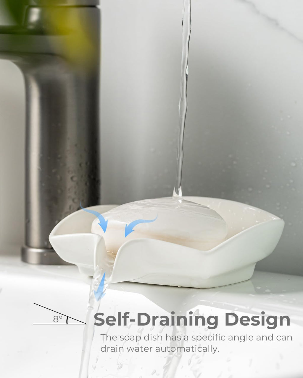 Zoeeker Soap Dish with Waterfall Design, Ceramic Soap Holder for Countertop