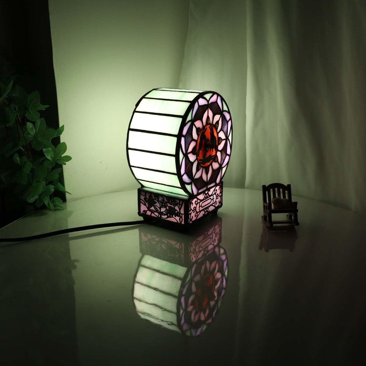 Bieye L12017 Tiffany Style Stained Glass Desk Clock Table Lamp with Lotus Flower Design (Three Hares)