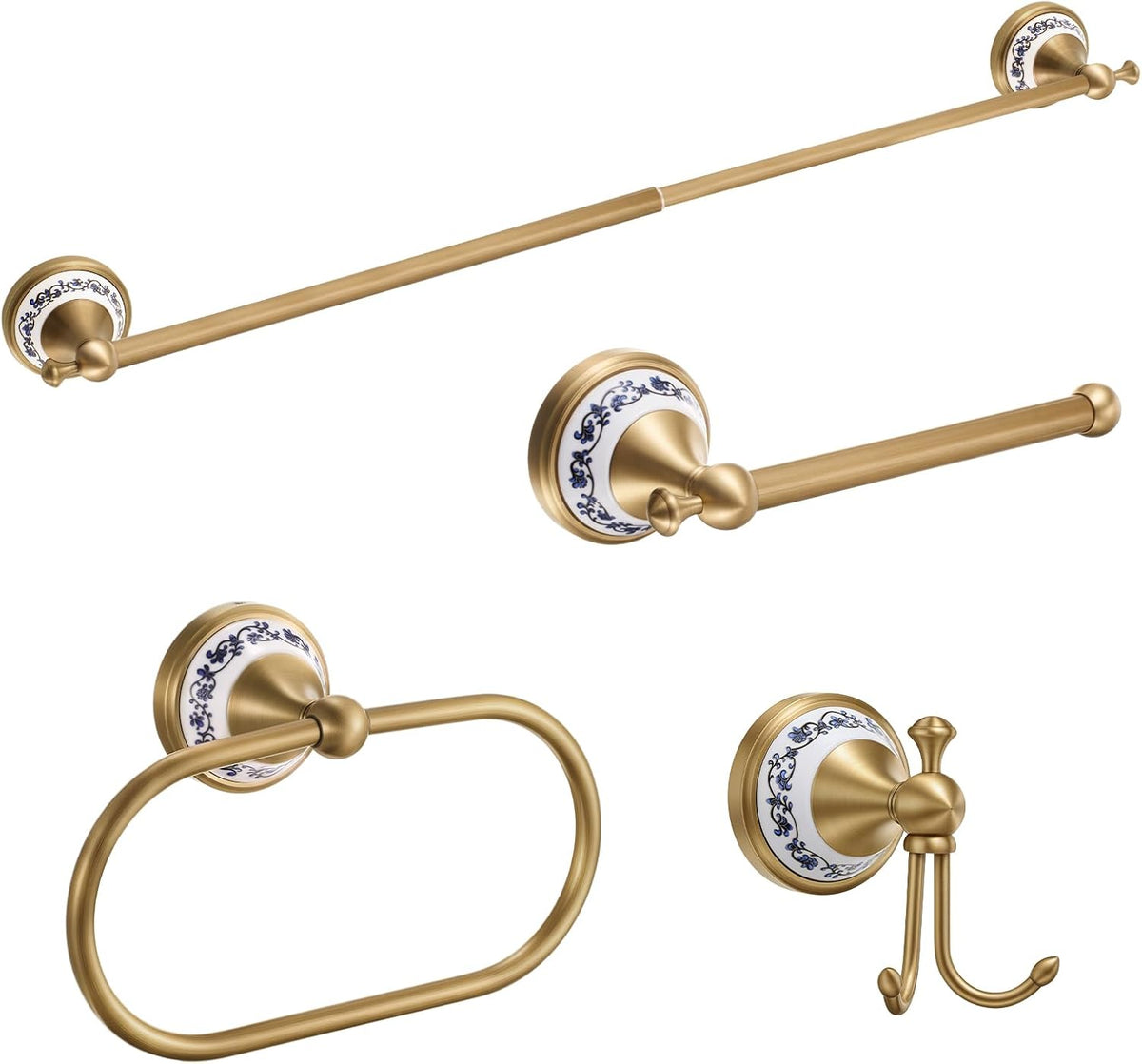 4 Pcs Antique Brass Gold & Porcelain Bathroom Accessories Set, Wall-Mounted Towel Rack & Towel Ring & Toilet Paper Holder & Robe Hook, Vintage Chinese Style Brass Bath Hardware Fixture Set