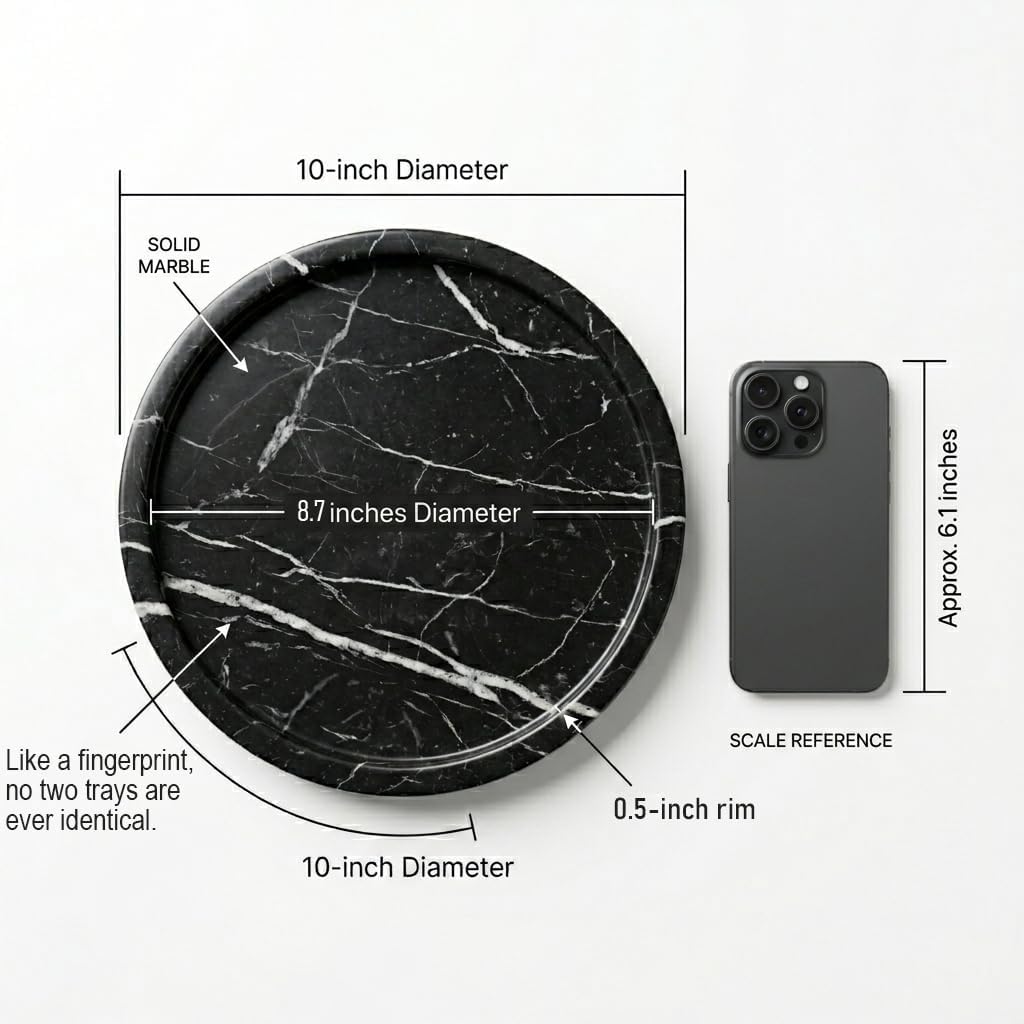 Round Grooved Marble Tray, 10-Inch Polished Natural Stone Serving Platter | Heavyweight 5lb Decorative Vanity Tray for Kitchen, Bathroom, Coffee Bar, Perfume Organizer & Charcuterie Board