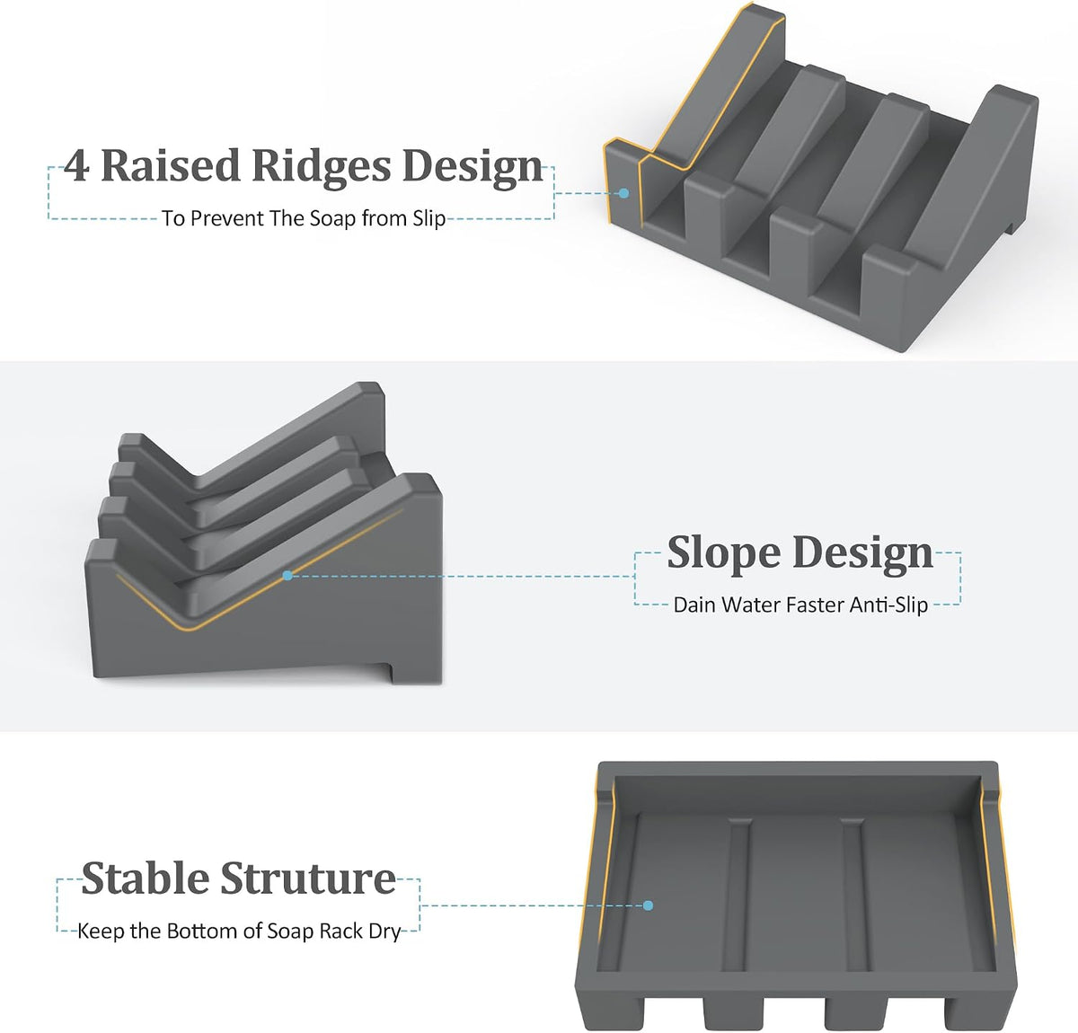 Silicone Soap Dish,1PCS Self Draining Bar Soap Holder for Shower,Dark Gray