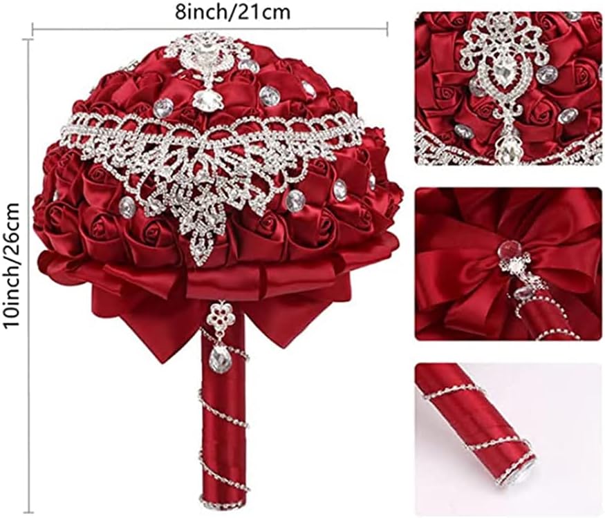 Handmade Luxury Wedding Bridal Bouquet Large Silk Rose Holding Toss Artificial Flowers Bouquets with Satin Ribbon Pearls Rhinestone for Bride Vintage Royal Wedding Bouquet (Red)
