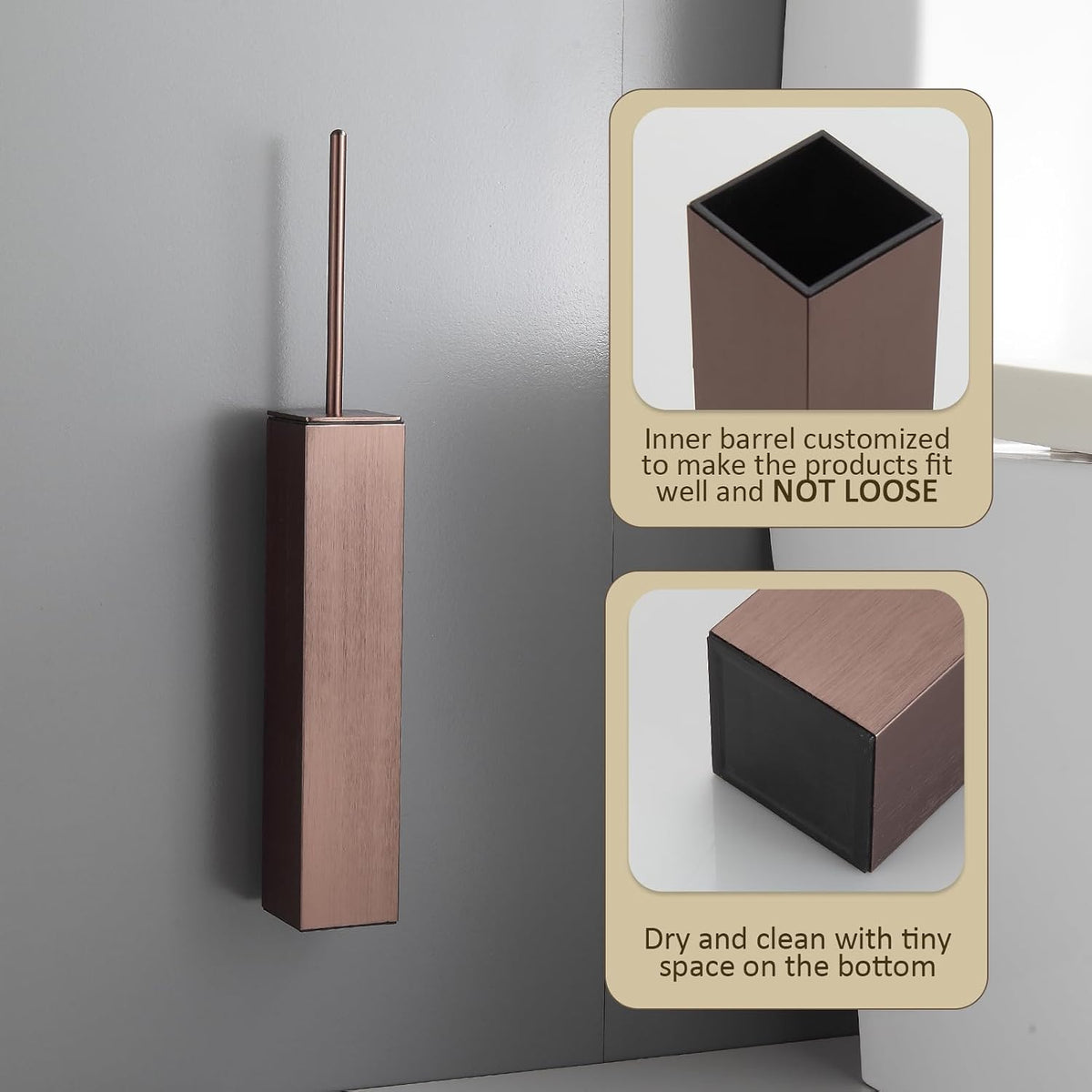 Toilet Brush and Holder Wall Mounted, Brushed Rose Gold Aluminum with 2 Replaceable Heads, Bathroom Toilet Brush, Drill or 3M Adhesive Mount, Removable Liner and Splash Guard, Modern Square Design