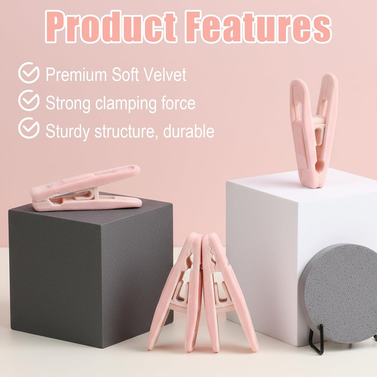60 Pcs Light Pink Velvet Hanger Clips, Strong Flocking Finger Clips for Skirts, Pants & Scarves | Non-Slip Clip for Thin Velvet Hangers