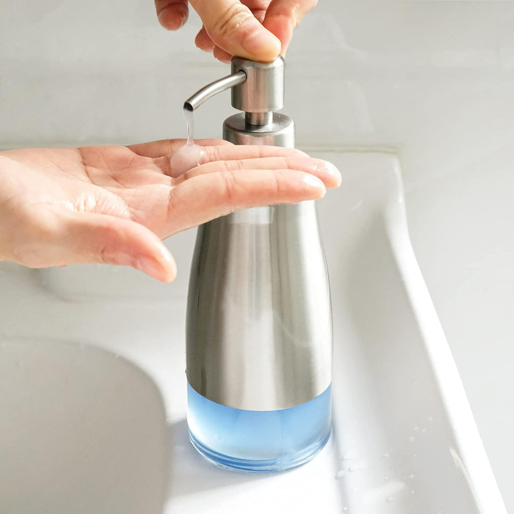 AUMIO Dish Soap Dispenser with Stickers, Stainless Steel Body & Glass View