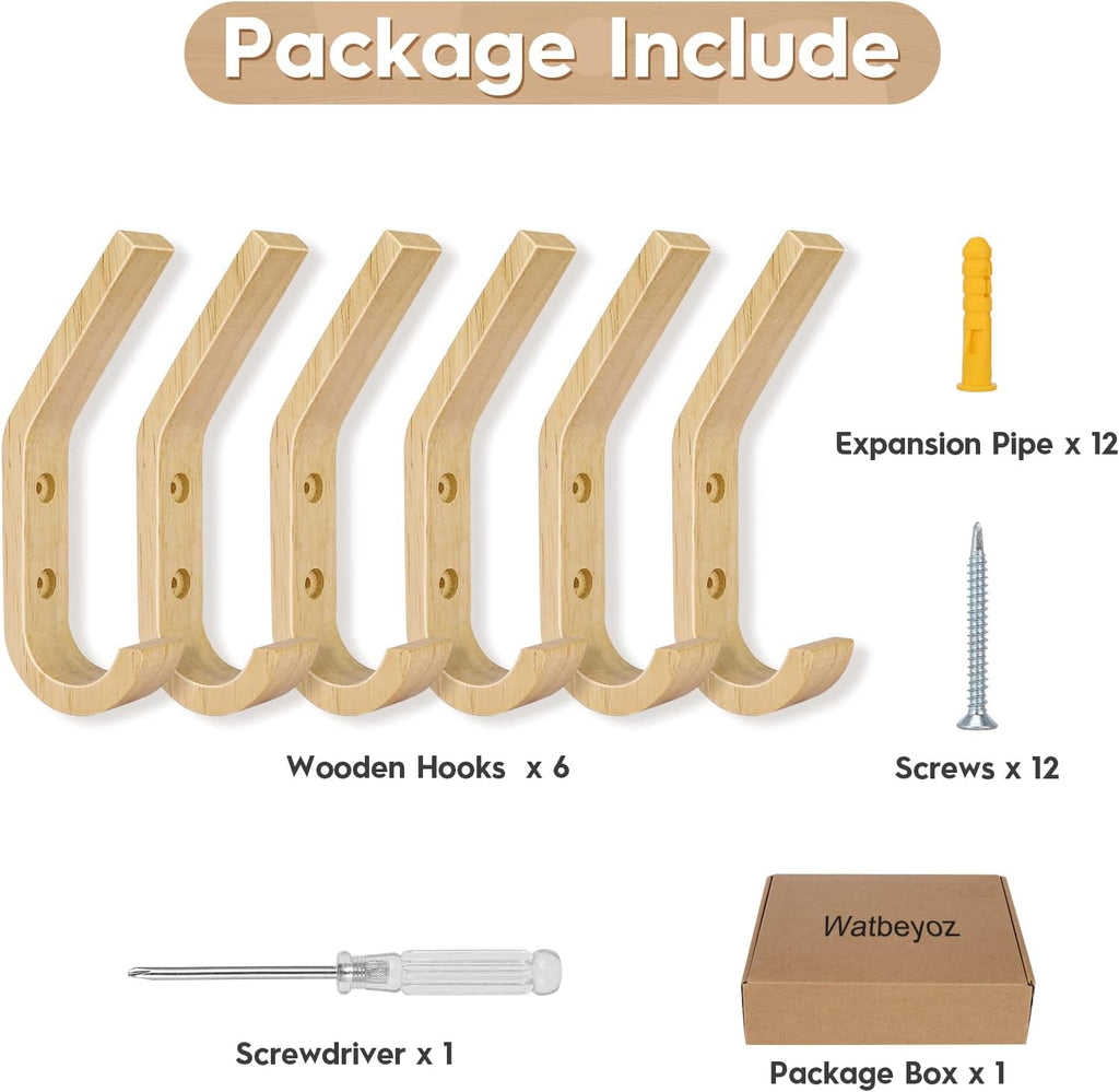 Wooden Wall Hooks Organizer Heavy Duty 6 Pack Coat Hooks for Hanging Coats