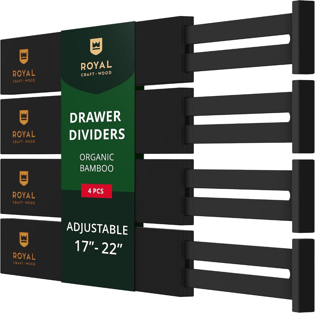 Bamboo Drawer Dividers Organizers, Adjustable Drawer Separator Splitters, 17–22 Inches Expandable Drawer Divider Organizer for Large Utensils, Kitchen, Bedroom, Dresser & Office Drawers 4-Pack, Black