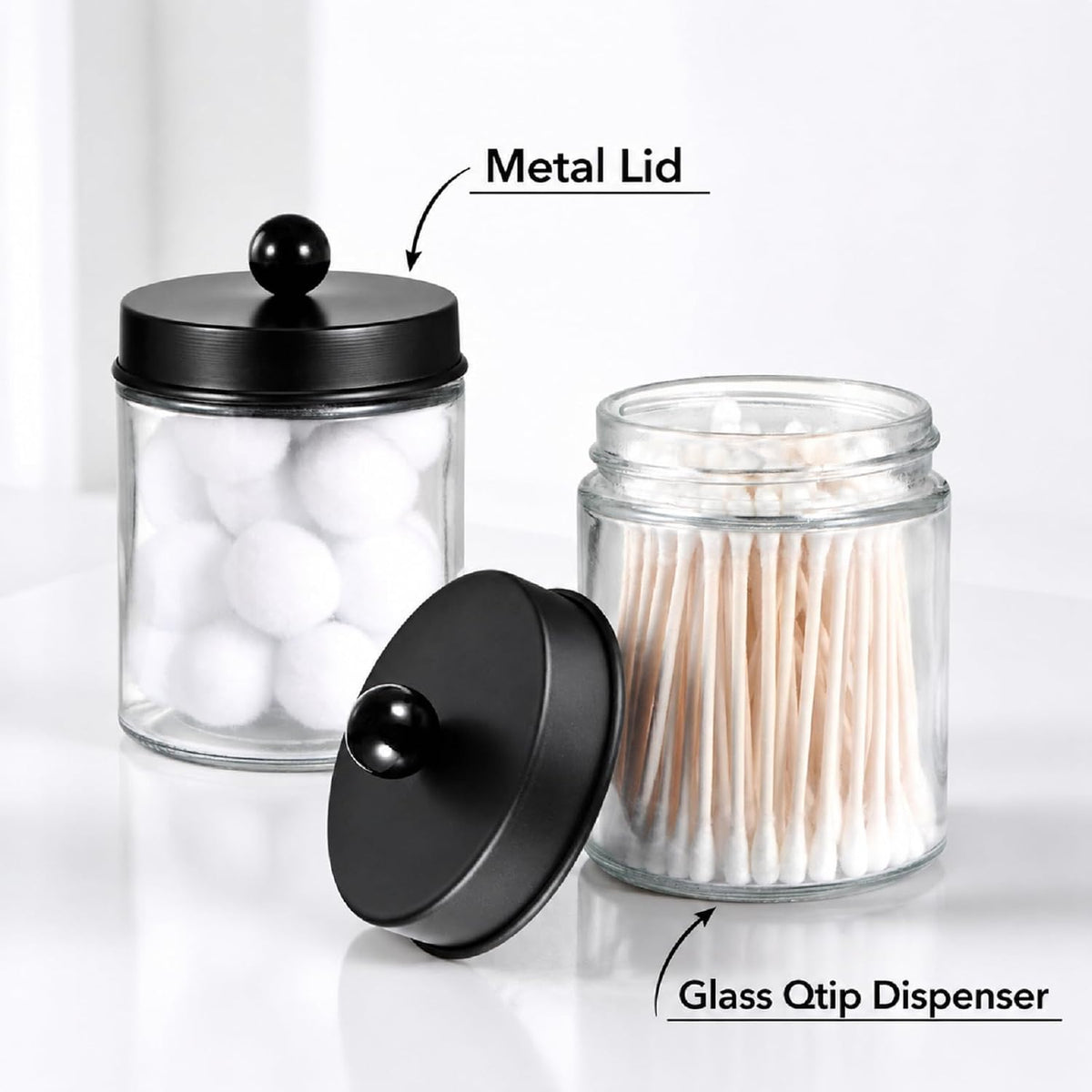 Amolliar Apothecary Jar Qtip Holder w/Metal Lid Glass,Glass, Black 2Pack