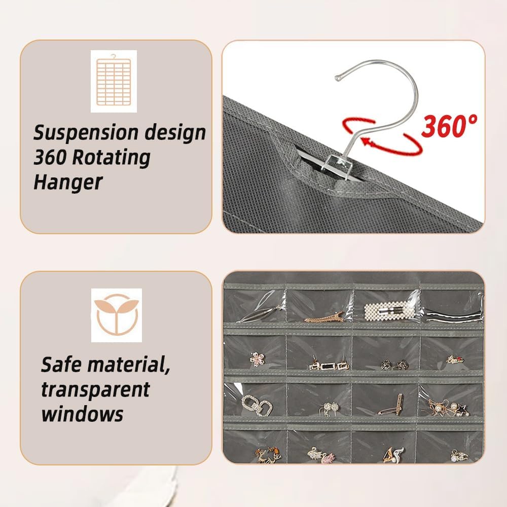 Hanging Jewelry Organizer Storage Earring Jewelry Storage Bag With 48 Pockets Necklace Bracelet Ring Glasses Accessory Display Rack (White)