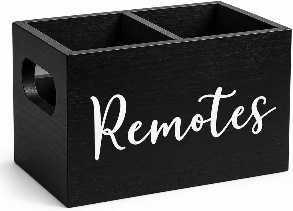Wooden Remote Control Holder 2 Slots - Farmhouse TV Remote Caddy for Table, Nightstand, Couch - Solid Wood Organizer Box, Black