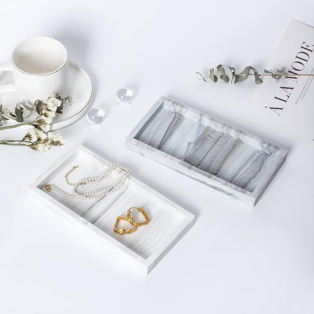 Silicone Bathroom Vanity Tray Dish Soap Holder Sink Organizer, Marble Grey