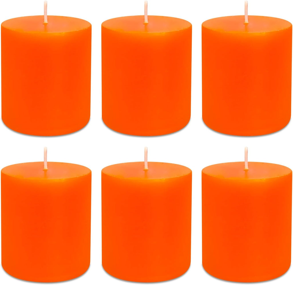 6 Pk Orange Pillar Candles 2.75x3.25 Unscented Smokeless Hand Poured