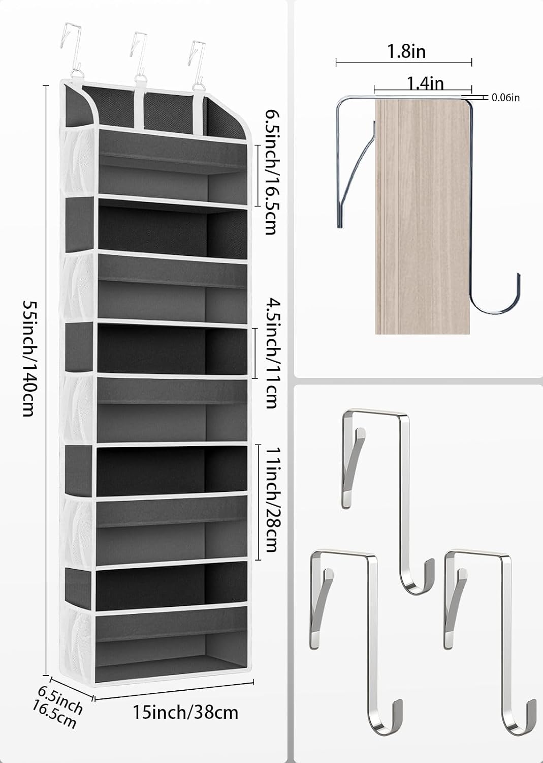 TAHAVICE Over the Door Organizer Storage, 5 Large & 10 Mesh Pockets