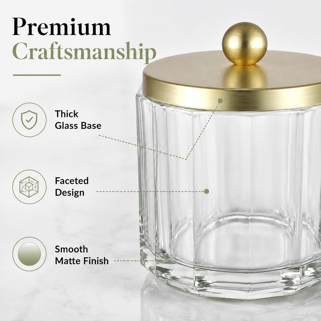 Clear Transparent Apothecary Octagional Shaped Glass Canister Jar With Gold Metal Lid Cover for Bathroom Organization, Cotton Balls, Q Tips, and Small Accessories, Bathroom Storage