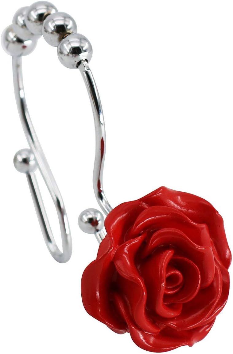 BEAVO 12 Pcs Double Shower Curtain Hooks with Glide Balls, Red Shower Hooks