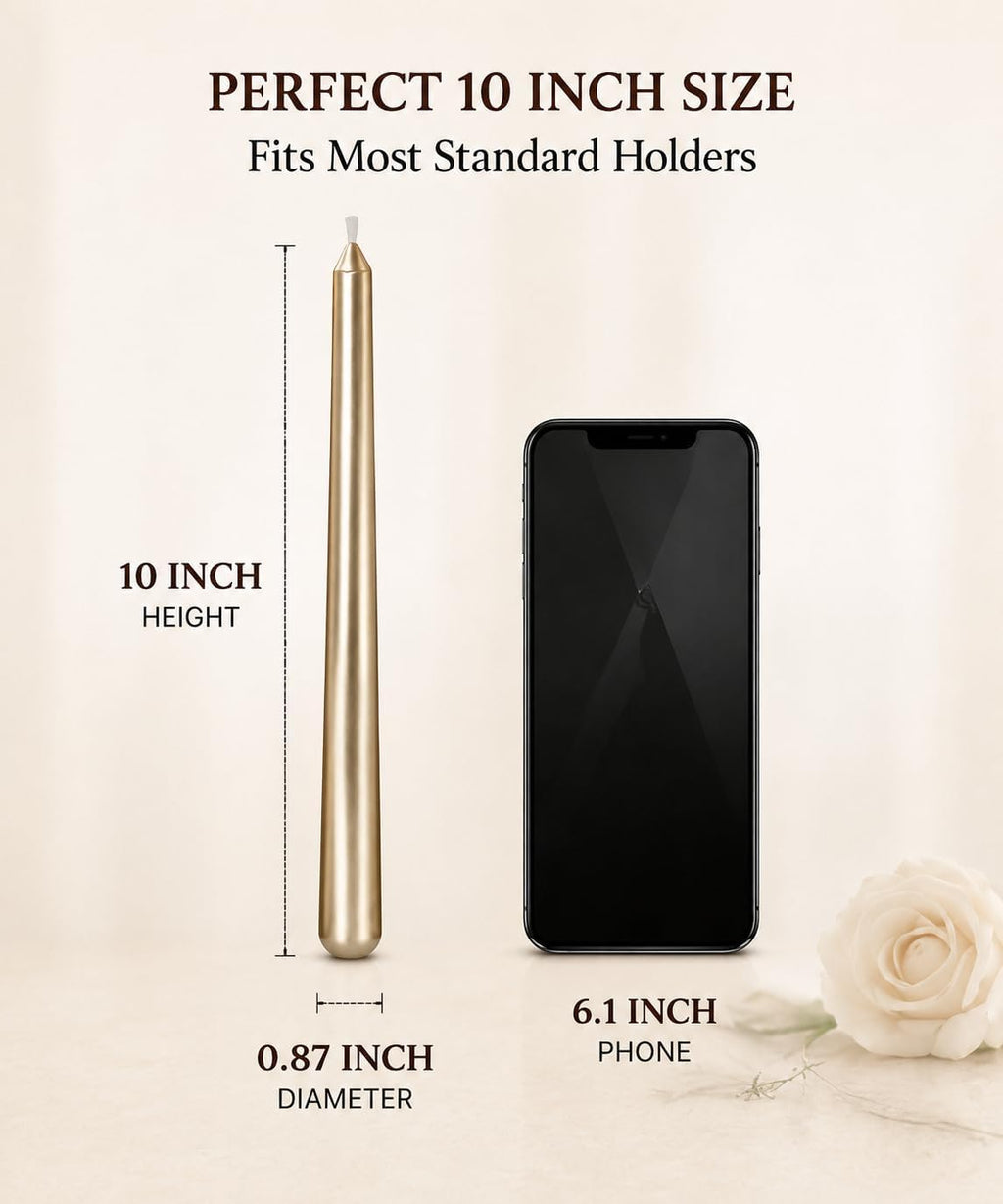 Champagne Gold Taper Candles 10 Inch, 12 Pack Metallic Unscented
