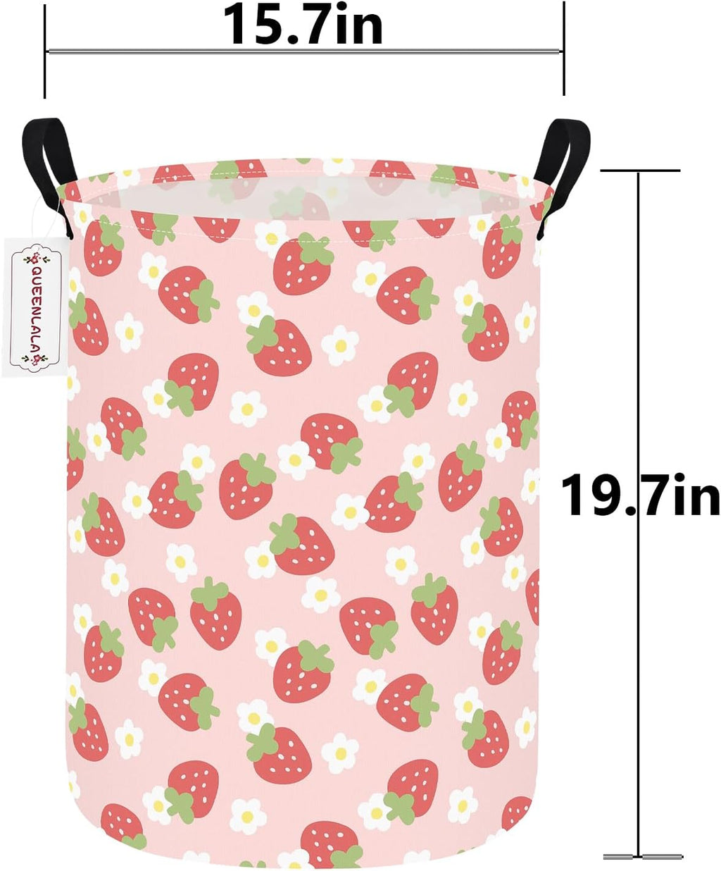 Foldable Waterproof Round Fabric Laundry Basket Home, Pink Strawberry