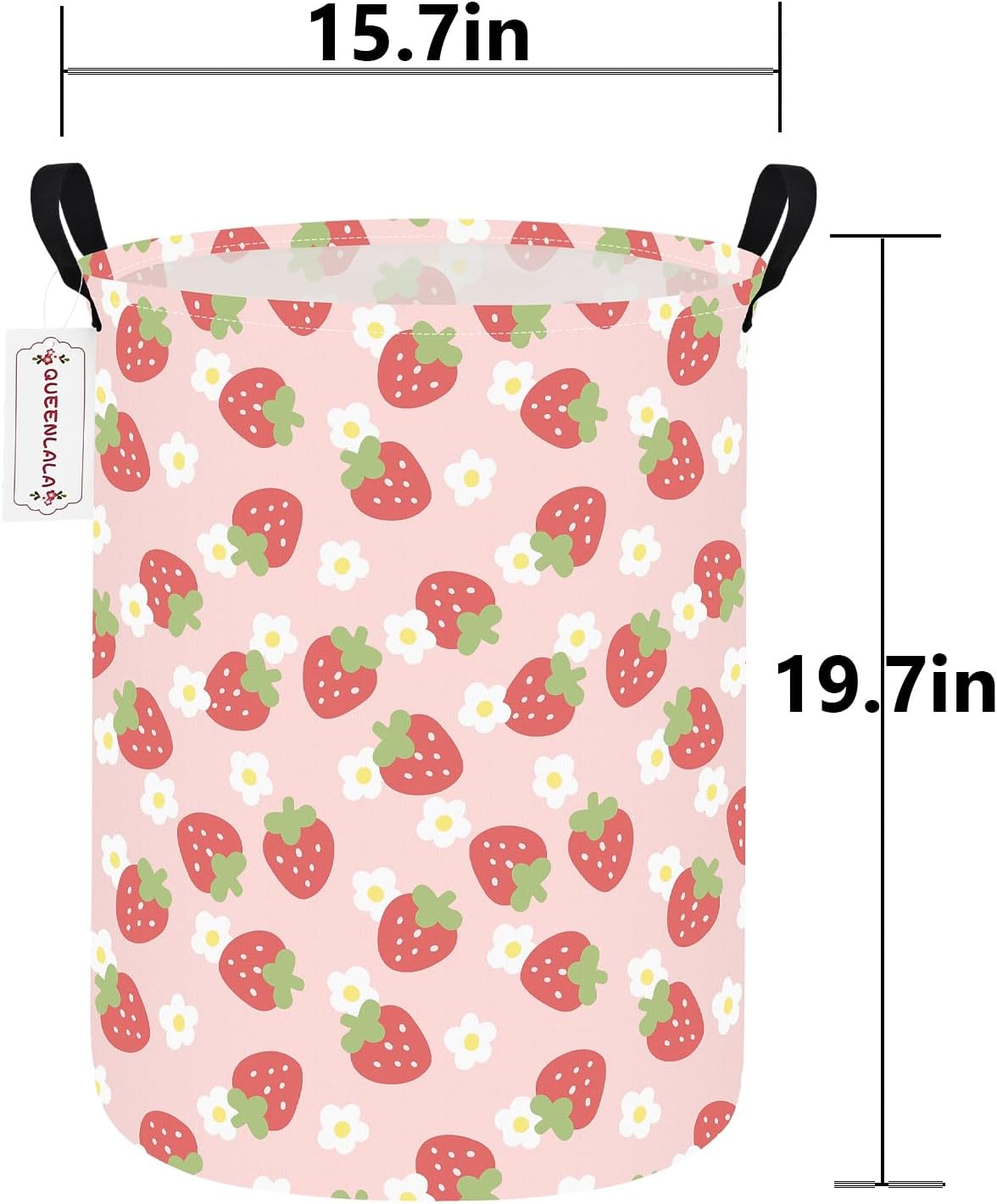 Foldable Waterproof Round Fabric Laundry Basket Home, Pink Strawberry