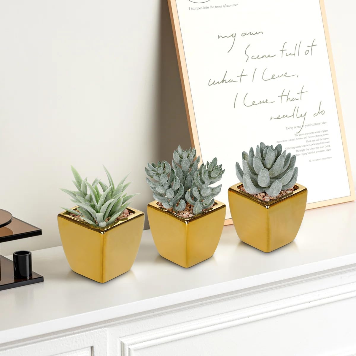 Hollyone Small Succulents Artificial 3 Pcs Faux Succulents with Gold Pots Mini Fake Succulent Plants Indoor Plant Ceramic Pots for Modern Office Desk Bathroom Shelf Living Room Home Decor Sage Green
