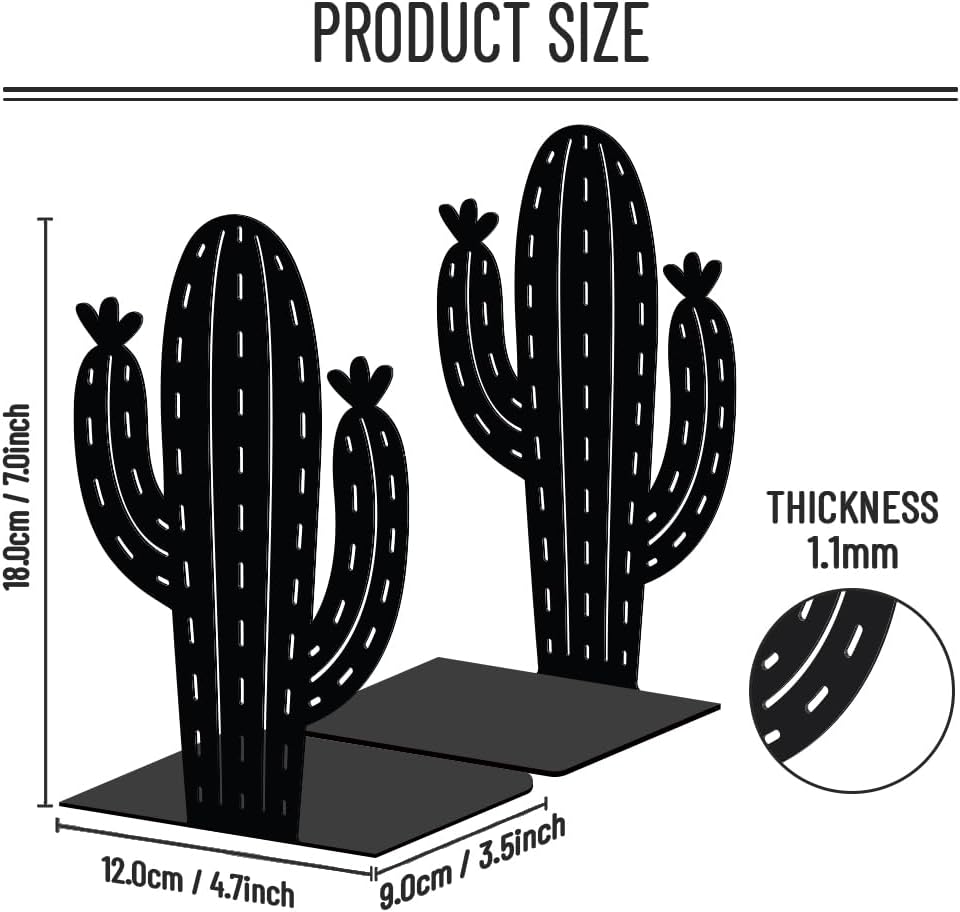WADORN Cactus Metal Bookends for Shelves Decorative 1 Pair, Cactus Plant Heavy Duty Books End Support Non-Skid Book Holder Black L-Shaped Book Stopper for Home Office Desk Book Divider, 4.7x3.5x7 Inch