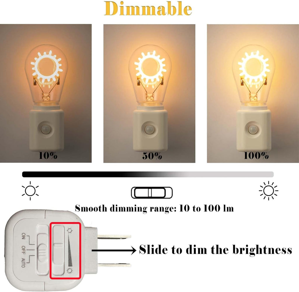 Unique Gift, LED Night Light with Motion Sensor, Retro Filament Design, Dimmable 2200K Warm White Plug into Wall, Auto Dusk to Dawn Activation, 1W Energy Efficient, 1 Pack