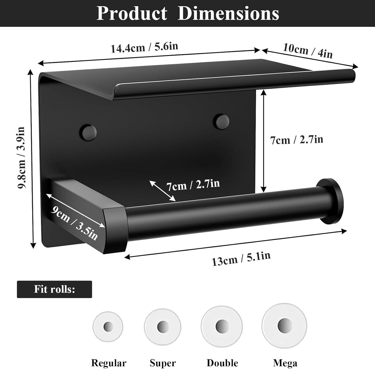 Tindbea Toilet Paper Holder with Phone Shelf, Adhesive or Screw Wall Mount Toilet Tissue Roll Holder, Rustproof & Multifunctional Stainless Steel Bathroom Storage Dispenser (Matte Black)