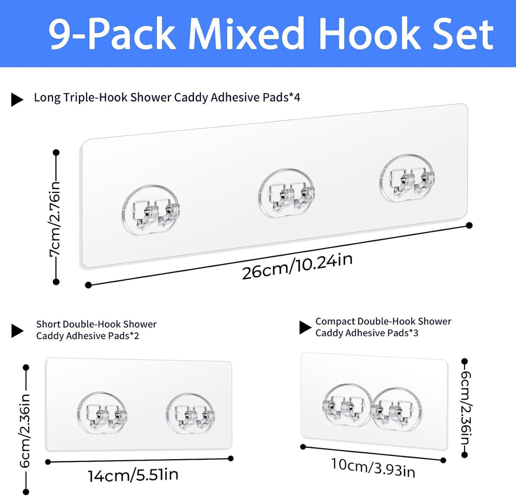 Shower Caddy Adhesive Replacement Hooks, Strong Waterproof Strips, No Drilling for Bathroom Shelves, Kitchen Racks, and Soap Holders (Transparent-9 Pack)