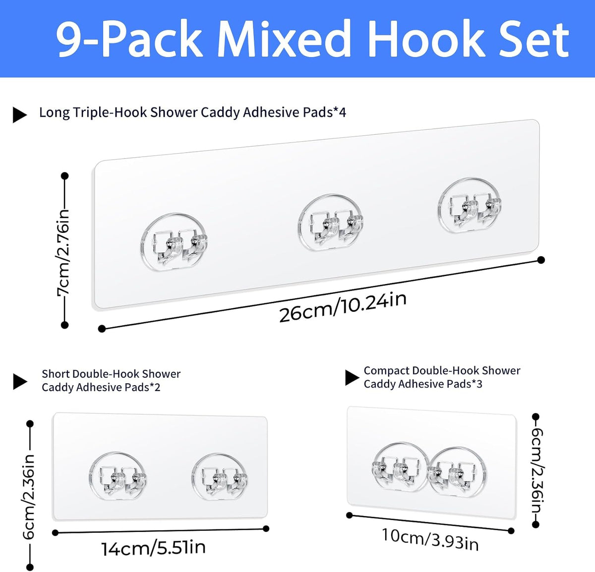 Shower Caddy Adhesive Replacement Hooks, Strong Waterproof Strips, No Drilling for Bathroom Shelves, Kitchen Racks, and Soap Holders (Transparent-9 Pack)