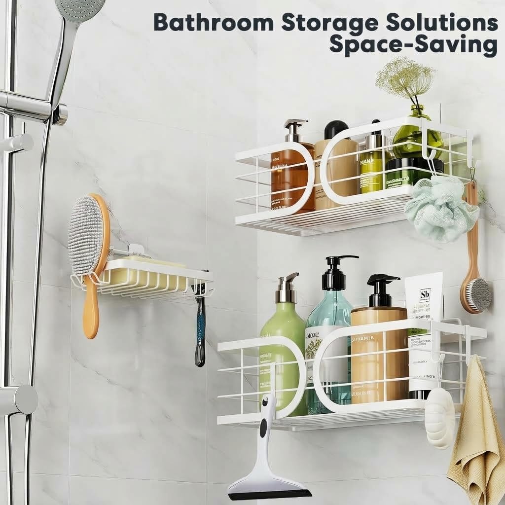 Shower Caddy 3 Pack with Soap Holder No Drill Wall Mounted 304 Stainless Steel Durable Large Capacity Adhesive Shower Rack Organiser Quick Dry Rustproof Bathroom Storage Shelves(White)