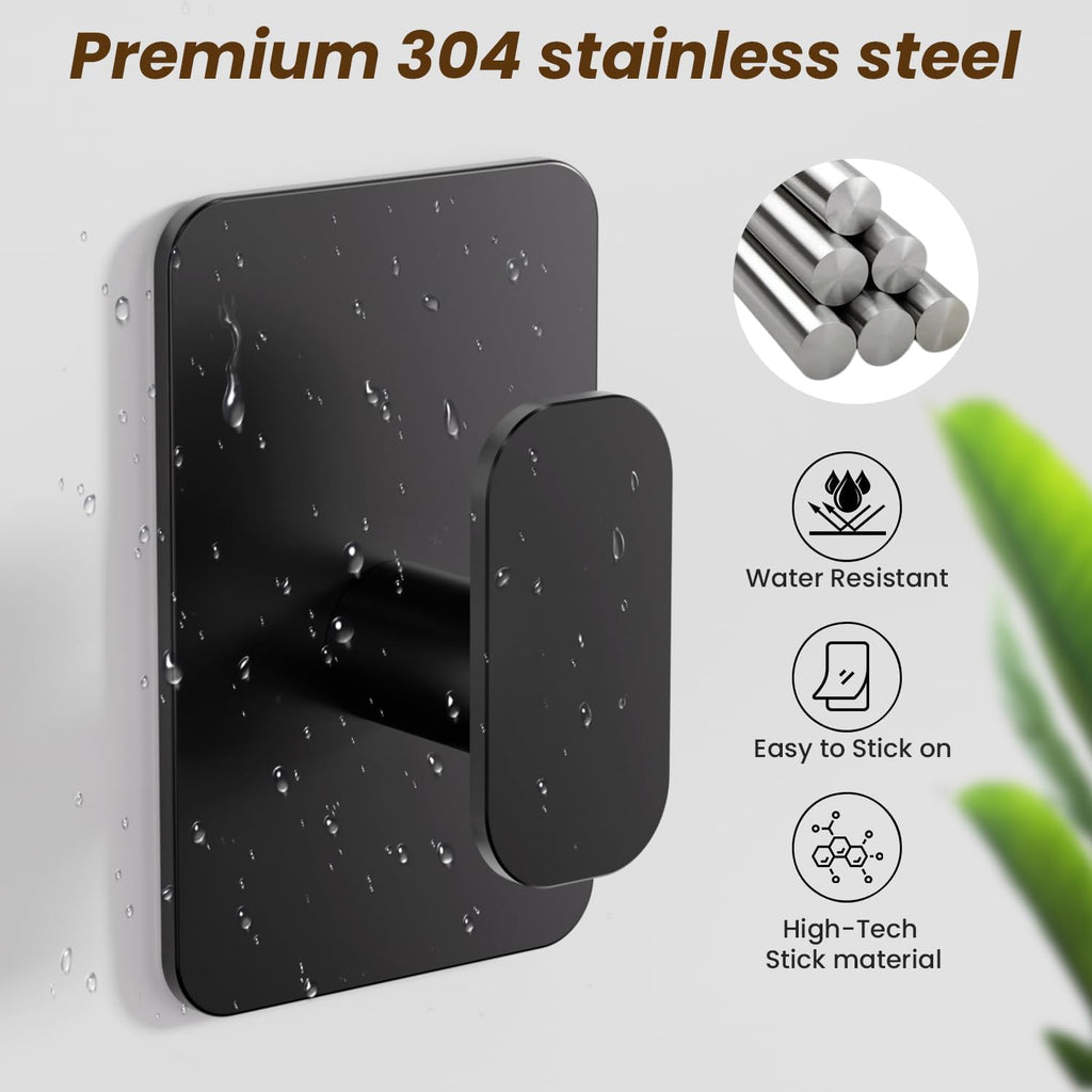 Large Heavy Duty Adhesive Wall Hooks - 26lb Max, Stainless Steel Waterproof Towel Hooks for Hanging Towel, Coat, Robe, Sticky Hooks for Use in Bathroom, Shower, Kitchen, Door(Black, 4 Pack)