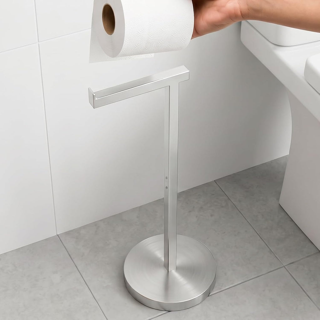 Aikzik Heavy Duty Toilet Paper Holder Stand Extra-Weighted Base, Stainless Steel Free Standing Toilet Paper Holder No Tipping, Bathroom Toilet Tissue Holder Stand Silver