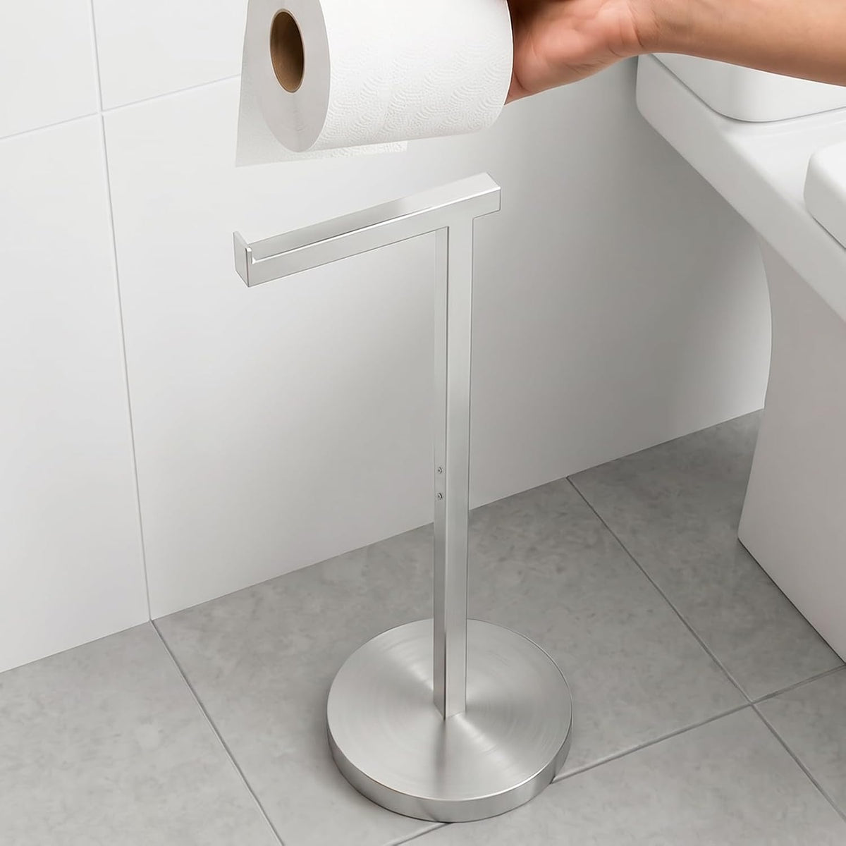 Aikzik Heavy Duty Toilet Paper Holder Stand Extra-Weighted Base, Stainless Steel Free Standing Toilet Paper Holder No Tipping, Bathroom Toilet Tissue Holder Stand Silver