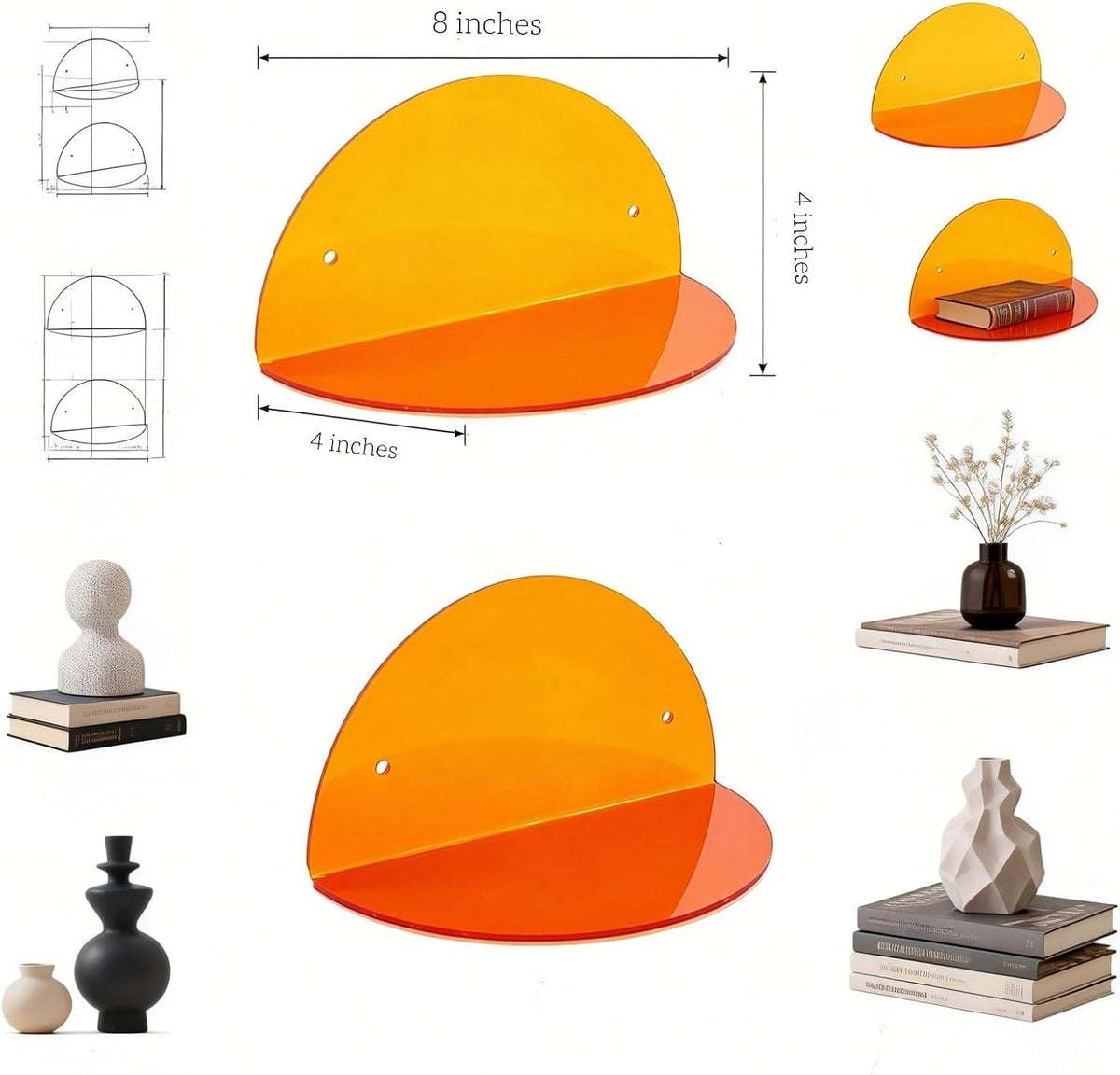 ROYALITA 2-Pack Small Acrylic Shelves Room Decor Floating Shelves, Orange