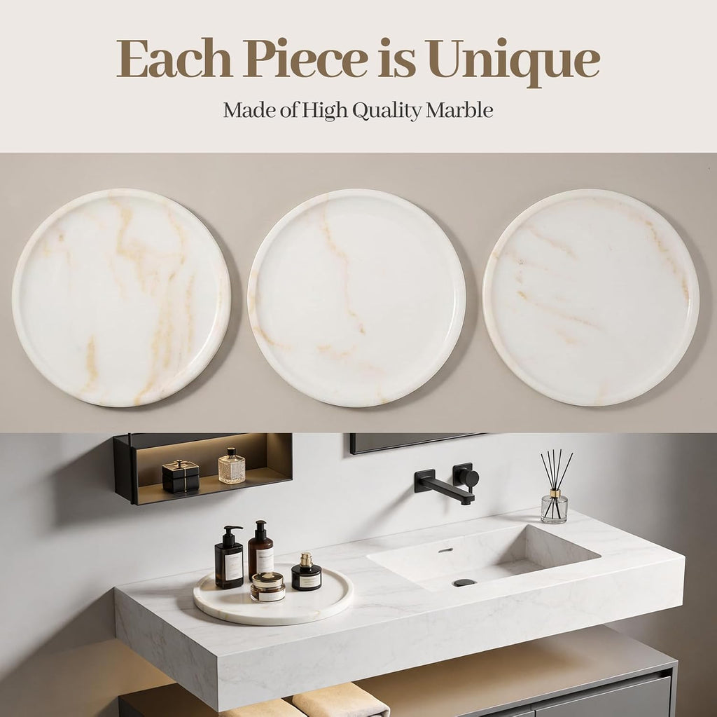 Karibiber Marble Serving Tray, 11.8in Round Vanity Tray for Bathroom Countertop, Calacatta White Candle Holder for Coffee Table/Kitchen, Stone Home Decorative Catchall Tray for Perfume