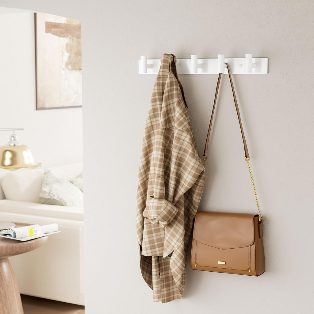 White Wall Mounted Coat Rack – 5 T-Shaped Hooks on 16.5" Rail, (1 Pack)