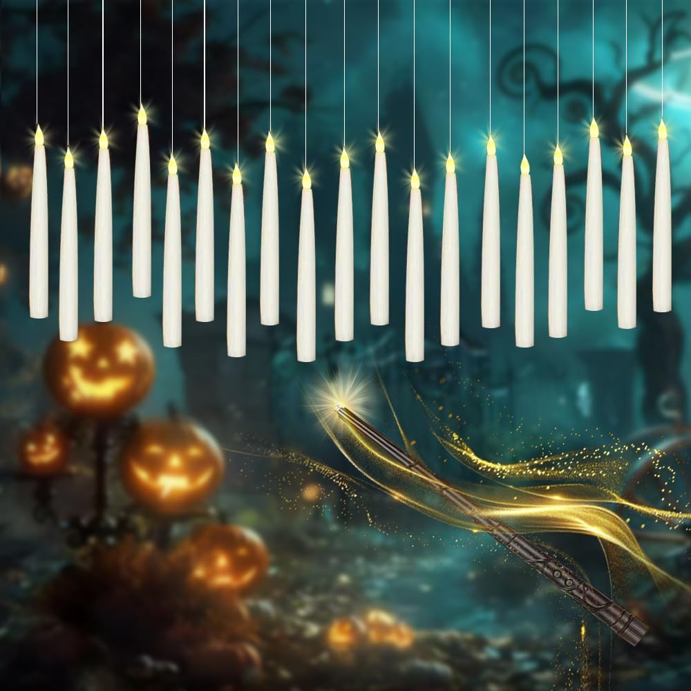 Halloween Decorations - 20 Pcs Floating Candles with Wand - Flickering Warm Light Flameless Floating LED Candle Christmas Decor for Indoor Classroom Bedroom Party