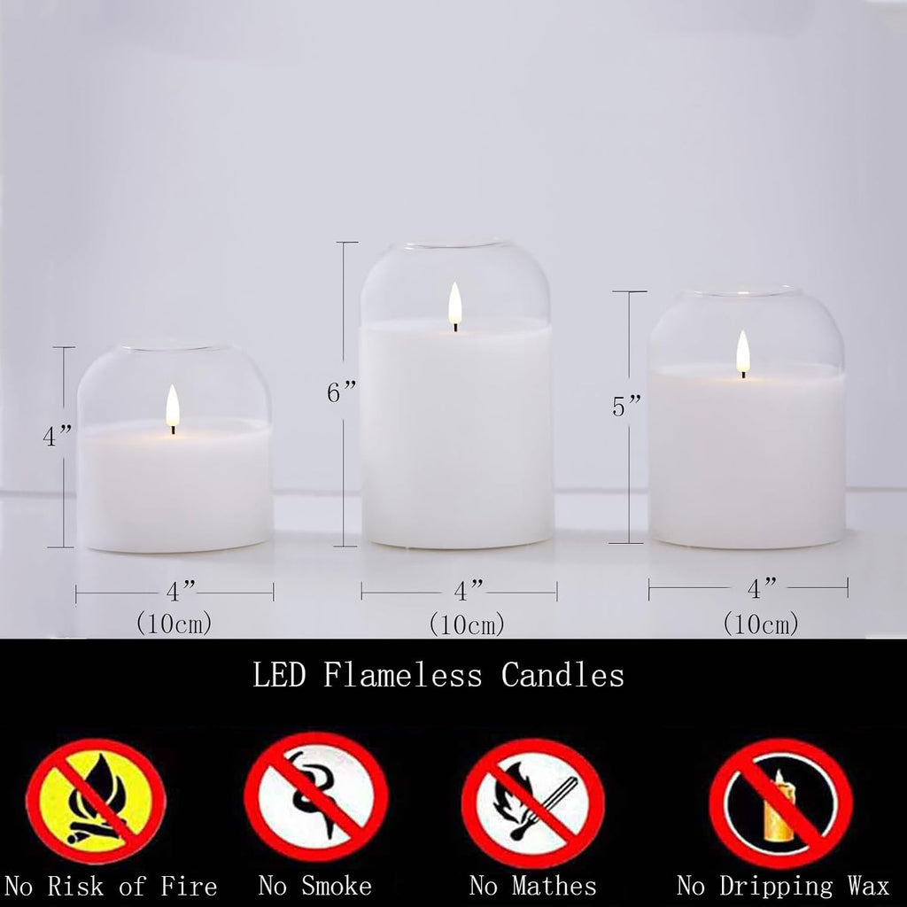 volnyus Clear Glass Flameless Candles with Remote Battery Operated Flickering LED Pillar Candles Real Wax Wick Φ 3" H 4" 5" 6", White
