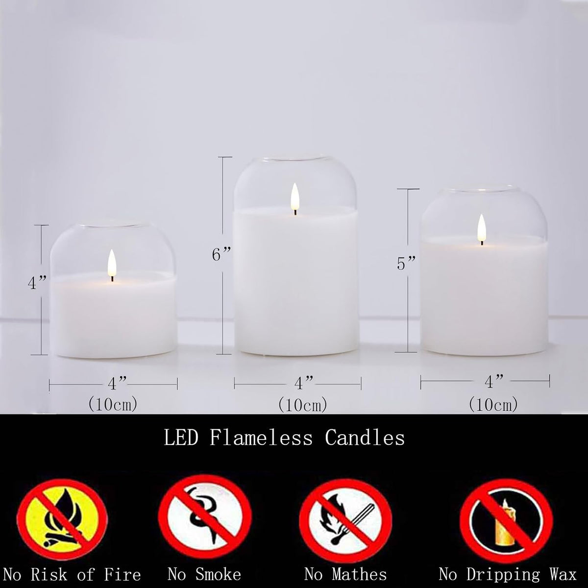 volnyus Clear Glass Flameless Candles with Remote Battery Operated Flickering LED Pillar Candles Real Wax Wick Φ 3" H 4" 5" 6", White