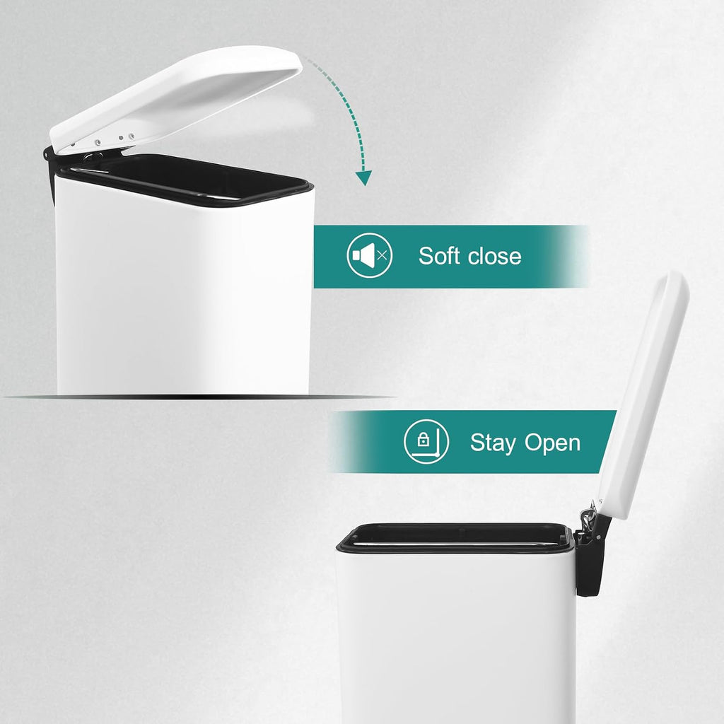 Small Bathroom Trash Can with Lid, 1.3 Gal, Soft Close, White