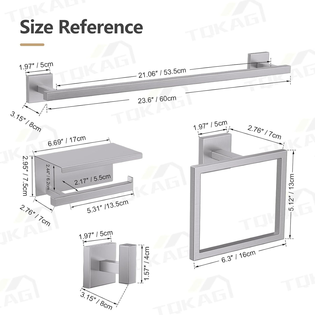 TQKAG 5-Pieces Brushed Nickel Bathroom Hardware Accessories Set 23.6" SUS304 Stainless Steel Towel Bar Set Wall Mounted Square Toilet Paper Holder with Shelf