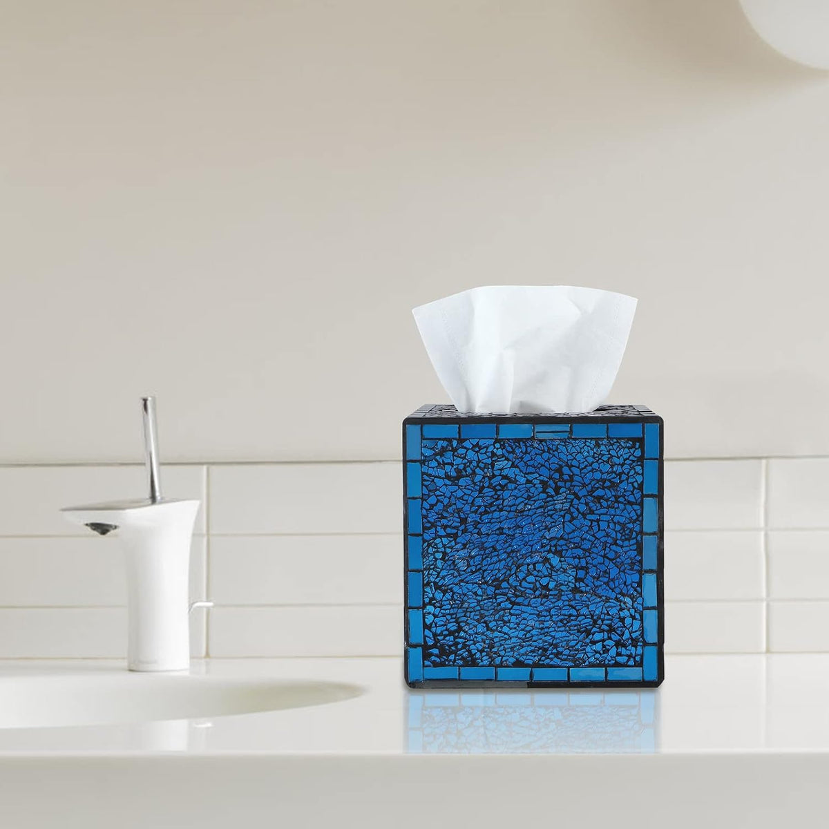 MDLUU Mosaic Glass Tissue Box Holder, Decorative Tissue Box Cover, Square Tissue Dispenser for Bathroom, Bedroom, Living Room (Navy Blue)