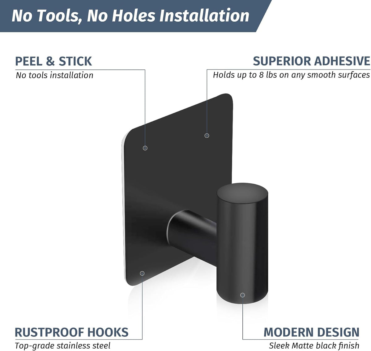 Rise age Adhesive Hooks, Adhesive Towel Hooks for Shower Wall Black 4 Pcs