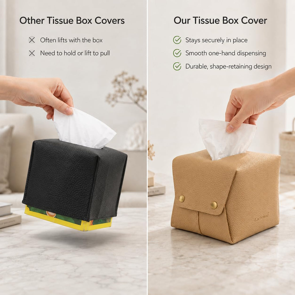 Grained Faux Leather Tissue Box Cover Square, Beige