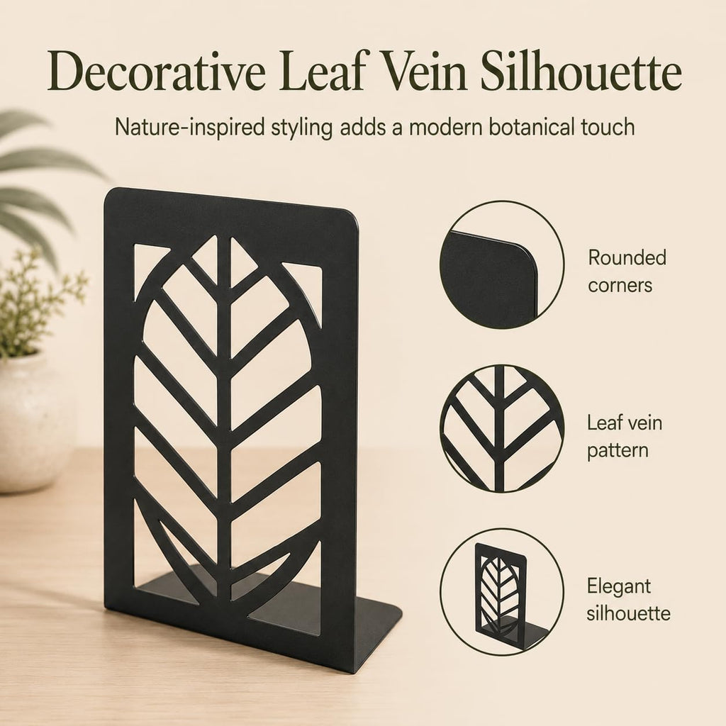 Leaf Vein Bookends, Set of 2 (1 Pair), Matte Black Metal Book Ends for Shelves, Bookshelf, Desk and Home Library Decor