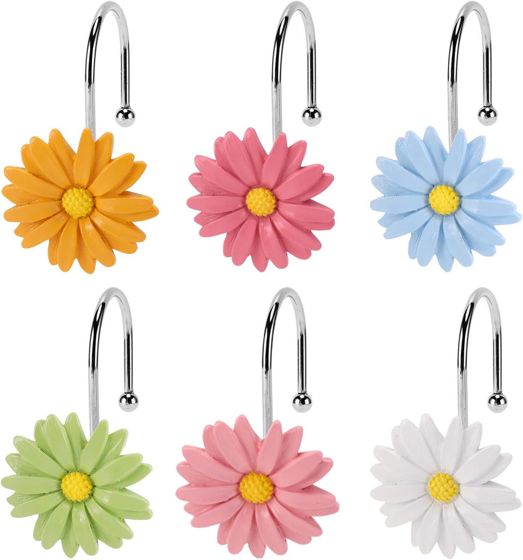 Flower Shower Curtain Hooks, 12 Pack Rustproof Stainless Steel Decorative, Bohemian Floral Bathroom Accessories for Curtain Rod and Shower Rod (Pastel Daisy)